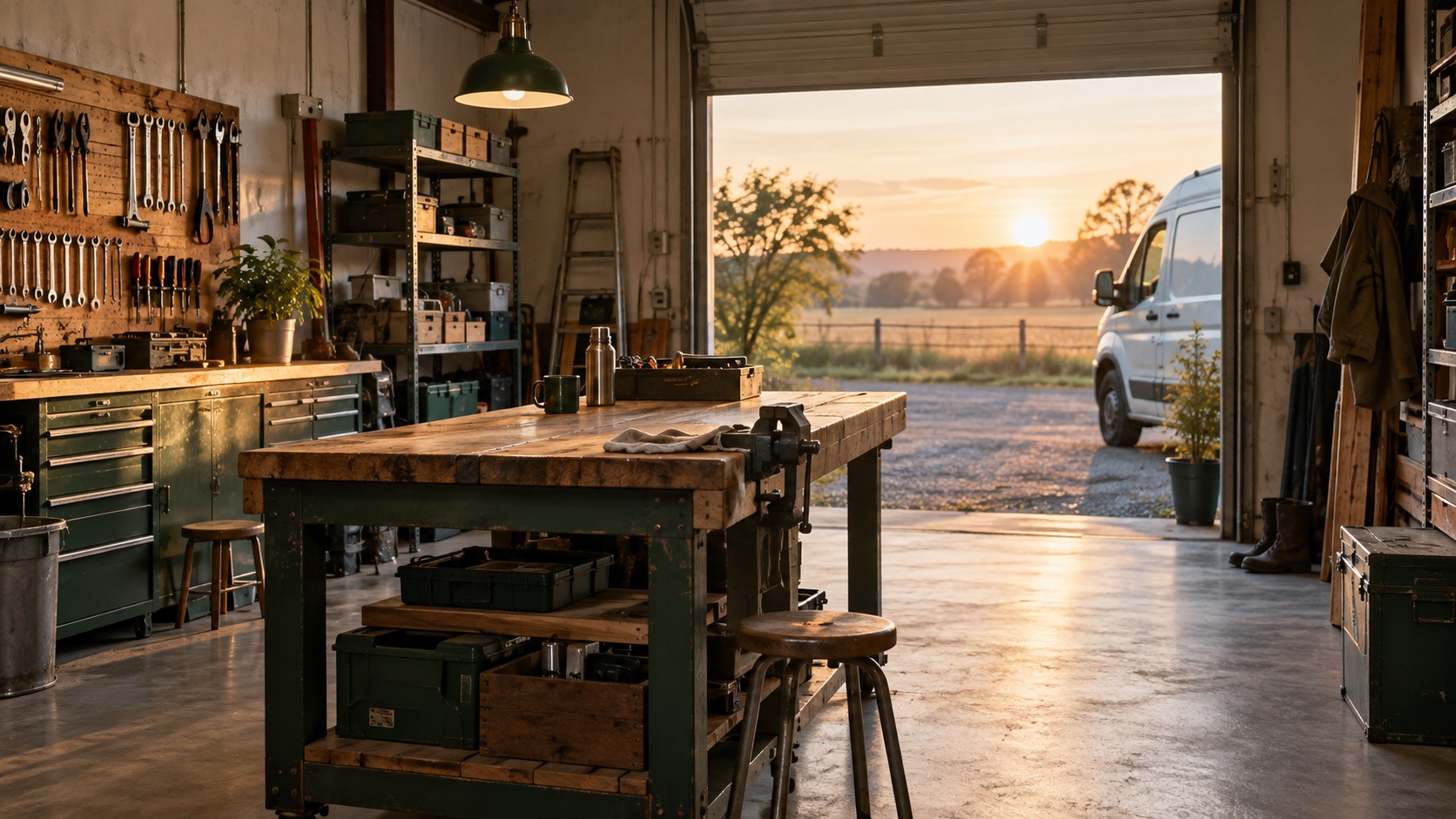 Illustrative scene of a local service-business workshop and a van at the start of the day.